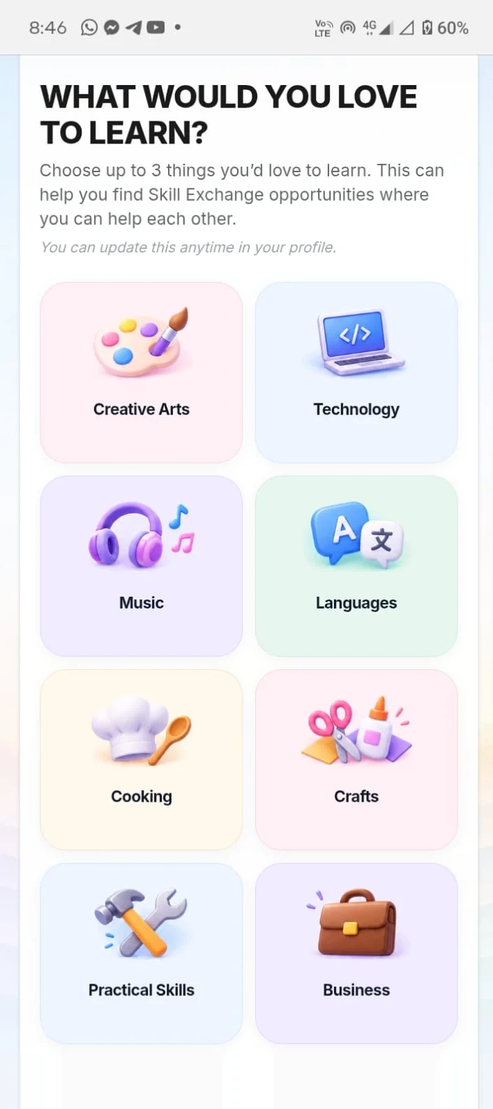 The TeenEarn signup screen “What would you love to learn?”, with tiles for Creative Arts, Technology, Music, Languages, Cooking, Crafts, Practical Skills and Business.