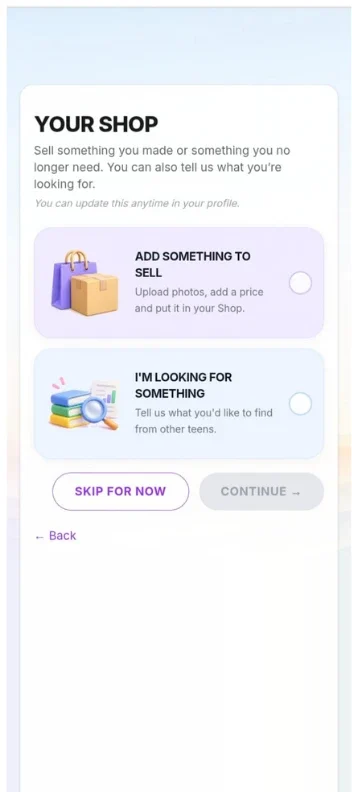 The TeenEarn signup screen “Your Shop”, offering “Add something to sell” and “I’m looking for something”.