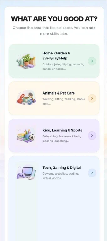 The TeenEarn signup screen “What are you good at?”, listing areas such as Home, Garden & Everyday Help, Animals & Pet Care, Kids, Learning & Sports, and Tech, Gaming & Digital.