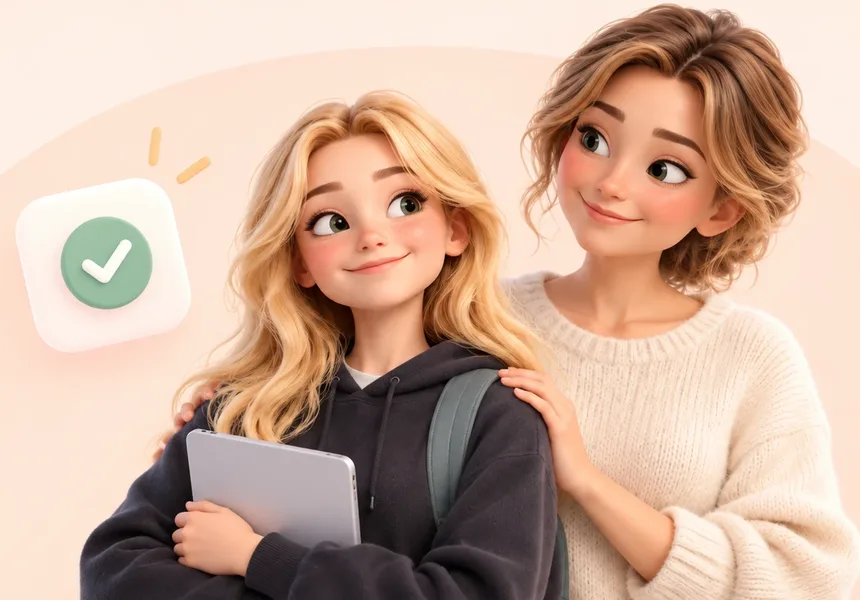 A teen standing with her parent beside approval and safety icons